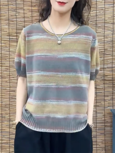 QINGNAER | Relaxed Retro Stripe Sleeve T-Shirt
