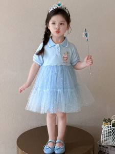 Princess Style Summer Dress for Girls Childrens Polo Skirt Fashionable Midi Skirt Short Sleeve Cartoon Print Knitted Dress