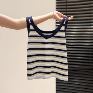 Korean Style Contrast Stripes Knit Tank Top Short