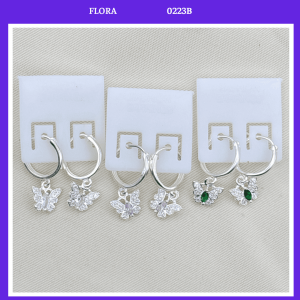 FLORA 0223B - Bông tai bạc ta hình bướm đá màu trắng xanh lá hồng dành cho bé gái