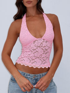 Lace V-neck Halter Top Backless Exposed Back Womens Slim Fit Short Style Pure Color Street Fashion Autumn Season