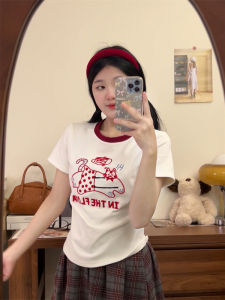 Cute Cartoon Embroidered Short Sleeve T-Shirt Womens Summer Slim Fit Short Length round Neck Top Cotton Polyester Blend