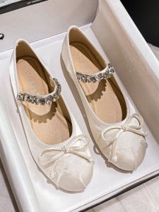 Champagne Color Ballet Flat Shoes Womens Large Size 42 round Head Butterfly Knot Mary Janes Soft Bottom Small Size 33 Princess Style Fashion Single Shoes