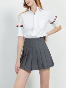 TB Grey A-Line Mini Skirt with Pleats Tennis Style Women High Waist Anti-Light Walking Polyester Viscose Blend Summer Skirt