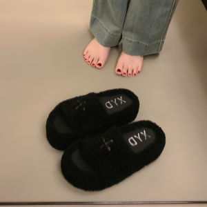 Wu Xuanyi Thick Sole Cruciate Flower One Word Fluffy Slippers Female Autumn and Winter Outer Wear Black Lamb Wool Cotton Shoes