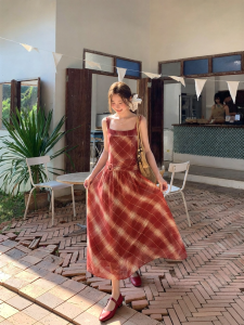 NIHAOKANONG | Đầm Dáng A Mùa Hè Đai Lưng Caro Đỏ