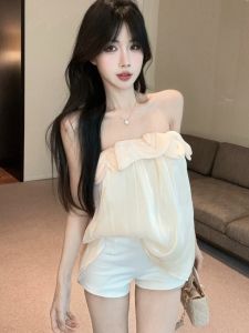 GUZILIAN | เสื้อครอปแขนกุดผ้าซาตินสไตล์ไทยสำหรับผู้หญิงในฤดูร้อน เสื้อครอปสายเดี่ยวเอวสูง ทรงหลวม คอวี แขนกุด