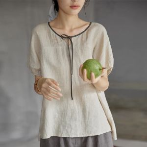 LUCKIN STORE Cotton Linen Top For Women Summer New T-Shirt Short Sleeved Women's Artistic Retro Ethnic Style Lace Up Loose Versatile Blouse