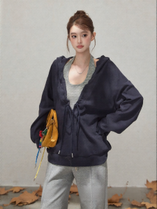 THROUS | Áo Khoác Hooded V-Neck Tay Dài Phong Cách Hàn Quốc Thoải Mái