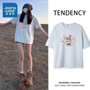 KWV Jeanswest Womens Black Pure Cotton Short Sleeve T-Shirt Fashionable Summer 2025 New Arrival Commute Style round Neck