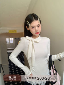 Slim Fit High Collar Long Sleeve Lace T-Shirt Womens Early Autumn New Style Butterfly Knot Base Layer Top Ladies Fashion