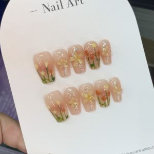 Handmade Wear Nail Manicure Three-Dimensional Small Flower Ice Transparent Nude Pure Desire Short Tulip Best Selling Xiaohongshu White