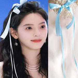 กิ๊บติดผมรูปผีเสื้อสีฟ้าสไตล์ย้อนยุคสำหรับเด็กผู้หญิง คลิปติดผมแบบมีสายโบว์ คลิปติดผมด้านข้าง ประดับผมสไตล์โบราณ