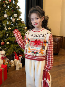 Christmas Theme Girls Knitted Sweater Embroidered Plaid Design Autumn Fashion Kids Clothes Soft Comfortable Medium Thickened