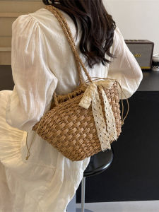Island Style Straw Woven Bucket Bag with Drawstring for Holiday Beach Vacation Fashionable Trendy Large Size Casual Shoulder Bag