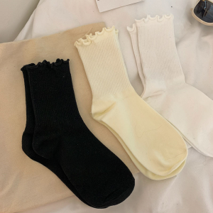 White Wood Ear Edge Socks for Women Mid-Calf Spring Summer Simple Chic Japanese Style Pure Color Floral Edge JK Socks