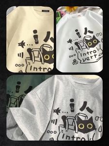 100% Cotton American Vintage Black Cat Printed Short Sleeved T-shirt Men/women Korean Ins Neutral Style Trendy Loose Half Sleeved Top