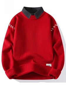 ROMON | Lomond Mens Lucky Year Fake Two-Piece Fleece-Lined Knitwear Shirt Collar Winter Warm Sweater Casual Loose Fit Long Sleeve