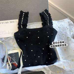 Elegant Short Knitted Diamond Embedded Vest Womens Sleeveless Top Fashionable Summer New Style Body Shape Slimming Design