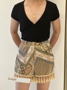 Grape Miki Export USA Chic Bohemian Ethnic Style Romantic Tassel Hem Slim Looking Elastic Waist Shorts
