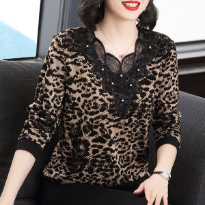 Fashionable Leopard Print Cotton Long Sleeve Heart Collar Base Shirt for Middle-Aged Women Spring Autumn Comfortable T-Shirt