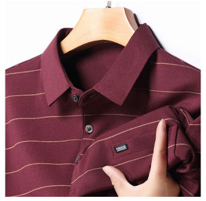 New 2025 Mens Long Sleeve Polo Shirt Casual Loose Striped Base Layer Fashionable Business Casual Cotton Wool Blend
