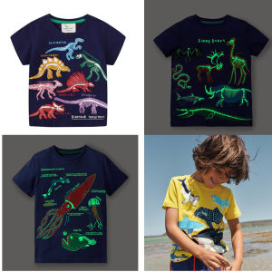 Summer Cartoon Print Glowing Dinosaur Octopus Short Sleeve Pure Cotton T-Shirt for Boys Kindergarten Kids Age 2 to 6 Years Old