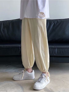 Summer Thin Cotton Linen Mens Loose Casual Fashion Drawstring Lantern Pants High Waist Wide Leg Nine Points Casual Trousers
