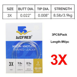 9FT/2.28M 0X~7X Welded Loop Clear Nylon Tippet Line Tapered Leader Fly Fishing Line Fly Line Leader