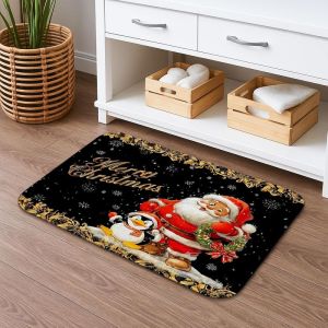 Thảm Cửa Giáng Sinh VIKAMA Hình Ông Già Noel Và Chim Cánh Cụt Với Viền Trang Trí Vàng In Hình Bông Tuyết Có Thể Giặt Được Dùng Được Trong Nhà Và Ngoài Trời Dành Cho Cửa Trước Hiên Nhà Lối Vào Trang Trí Nhà Cửa