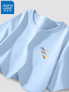 Jeanswest Mens Short Sleeve T-Shirt Pure Cotton Summer Trendy Half Sleeve Letter Print Casual round Neck Top for Youth