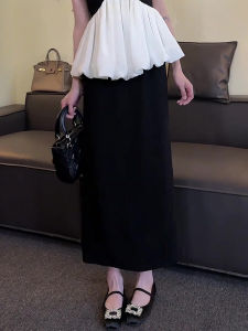 กระโปรงทรงเอเอวสูงสีดำ กระโปรงทรงตรงบางสำหรับฤดูร้อนปี 2025 เสื้อผ้าทำงาน La Chapelle กระโปรงยาวคลุมเข่า