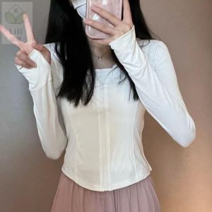 Womens Summer Sportswear Sun Protection Ice Silk Yoga Top Slim Fit Stand Collar Long Sleeve Casual Style Fashion Commuting
