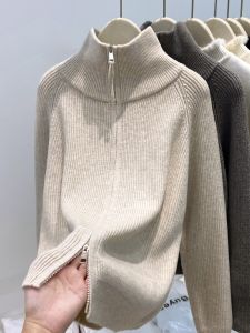 Áo Len Cardigan Dệt Kim Cổ Cao Hai Khóa Kéo Dày Dặn Mùa Thu 2025 Áo Khoác Ngoài Rộng Rãi Thoải Mái Thường Ngày Cho Nữ