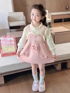 Princess Style Knitted Dress for Girls with Bow Tie Baby Girls Autumn Winter Sweater Dress Cute Fashionable Medium Length Skirt