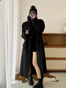Womens Loose Thickened Woolen Coat Stand Collar Autumn Winter High-End Black Lazy Style Long Length Commute Fashion