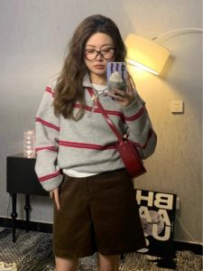 HUOLISI | Polo Neck Semi-Zip Stripe Knitted Sweater