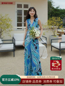 Elegant Slimming Wide Leg Jumpsuit Womens High Waist Blue Holiday Long Pants Original Design Resin Color Fastening Thin Model