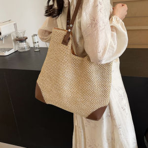 กระเป๋าสานแฮนด์เมดสำหรับผู้หญิงกระเป๋าสะพายไหล่ยอดฮิตแบบใหม่2024กระเป๋าโท้ทความจุใหญ่กระเป๋าสานสำหรับวันหยุดพักผ่อนที่ชายหาด