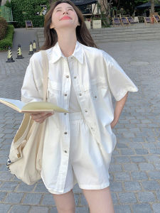 Sweet Korean Style Casual Loose Short Sleeve Shirt Set Womens Summer New Slim High Waist Shorts Two Piece Set Fashionable Ensemble