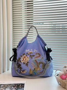 Eco-Friendly Canvas Bag Embroidered Phoenix Flying Shopping Commuter Bag Womens New 2024 Fashionable Ball Chain Stitch Bag