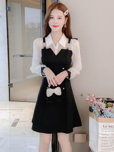 Váy Sơ Mi Hai Mảnh Thanh Lịch Cho Nữ Mùa Thu 2025 Váy Đen Nhỏ Cạp Cao Ôm Sát Cơ Thể Váy Chữ a Dài Tay Cổ Polo Dáng Chữ a