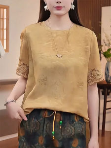 QINGNAER | Vintage Chinese Style Lace Hollow Short Sleeve T-shirt