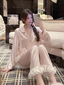 Elegant Butterfly Print Ice Silk Sleepwear Set for Women Long Sleeve Long Pants Home Clothes Spring Autumn Luxury Style