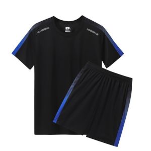 Summer new mens badminton training gradient striped print breathable round neck T-shirt shorts set outdoor sportswear