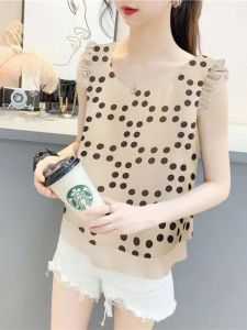 Polka Dot Summer Loose Womens Top Ageless Belly Concealing Sleeveless Vest Slimming Lace Trim Small Shirt Korean Style round Neck