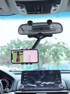 Car Rearview Mirror Phone Mount Holder 360 Degree Rotation Adjustable Cellphone Bracket Driving Recorder Bracket DVR/GPS Mobile Car Mounts Rotatable and Retractable