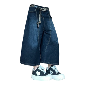 กางเกงยีนส์ทรงหลวมขาบานสไตล์อเมริกันสำหรับผู้หญิงไซส์ใหญ่ ทรงตรง 7 ฟุต ฤดูร้อน ดีไซน์ใหม่ กางเกงยีนส์ทรงตรง