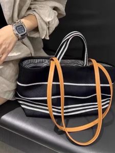 Casual Commuter Stripe Tote Bag Large Capacity Shoulder Canvas Womens Bag 2025 New Style Color Block Handbag Soft Polyester Lining
