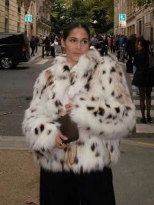 HH Fashion Printed Women Fluffy Faux Fur Coats Elegant Stand Collar Long Sleeve Jackets Winter Lady High Street Warm Outwear